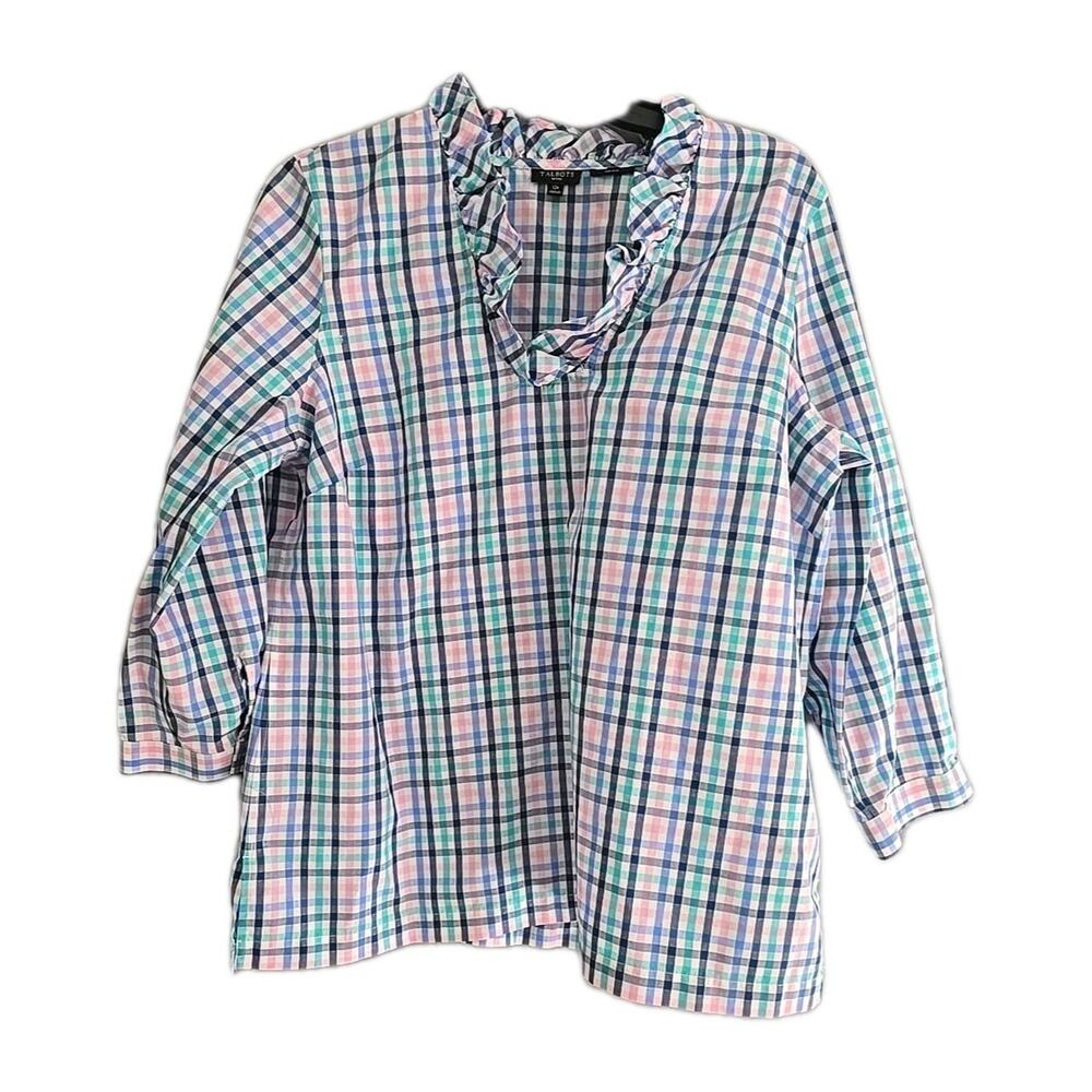 Talbots Blue Pink Gingham Non-Iron Ruffle Neck 3/4 Sleeve Top‎ Womans Size 12P